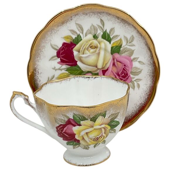 Lady Sylvia Queen Anne Teacup and Saucer Pink Yellow Red Rose Gold Gilt Trim - Picture 3 of 7